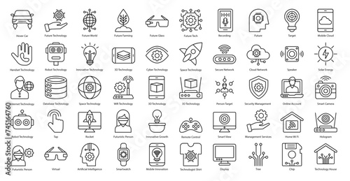 Future Technology Thin Line Icons Artificial Intelligence Iconset in Outline Style 50 Vector Icons in Black