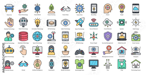 Future Technology Colored Line Icons Artificial Intelligence Iconset in Outline Style 50 Vector Icons