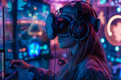 Woman in VR headset with neon lights, futuristic gaming concept.