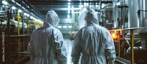 Two workers, wearing white lab coats, are seen from behind as they walk down a hallway in a chemical factory. They are engaged in a routine inspection or production process.