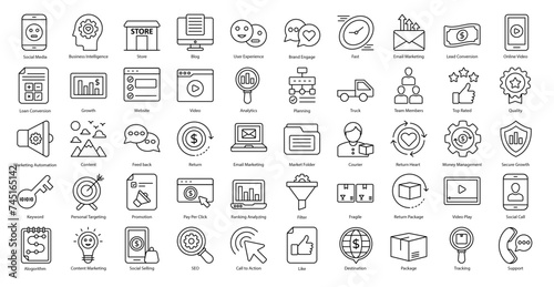 Inbound Marketing Thin Line Icons User Experience Iconset in Outline Style 50 Vector Icons in Black