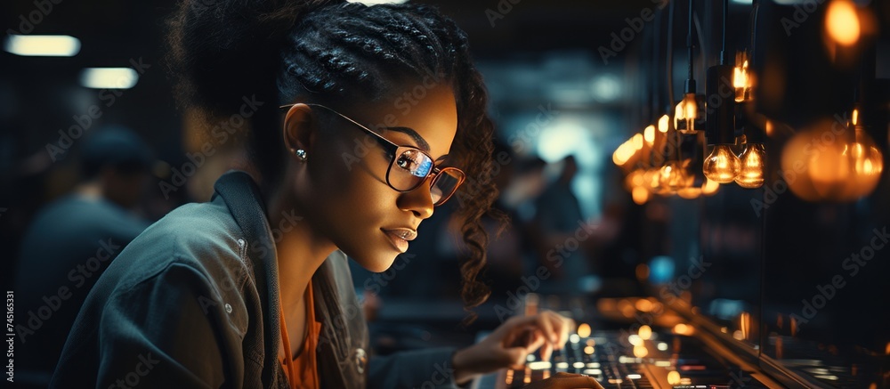 Portrait of african american girl playing computer game at night - obrazy, fototapety, plakaty 