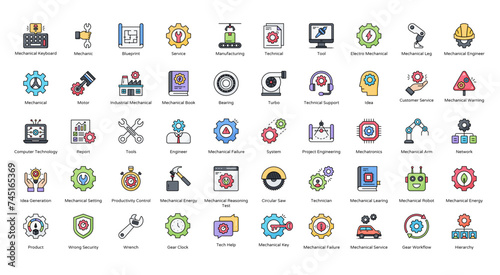 Mechanical Colored Outline Icons Blueprint Engineer Industrial  Iconset 50 Vector Icons