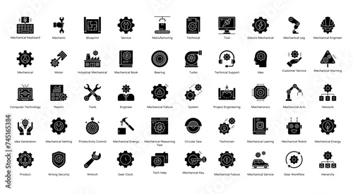 Mechanical Glyph Icons Blueprint Engineer Industrial  Iconset 50 Vector Icons in Black