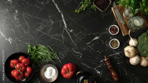 Flat lay of fresh ingredients on dark marble background for healthy cooking concept, with copy space.