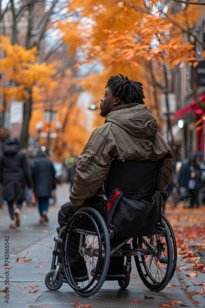 A young man with a disability showcases his independence as he glides along a city street in a wheelchair. A young man with a disability showcases his independence as he glides along a city street in a wheelchair.