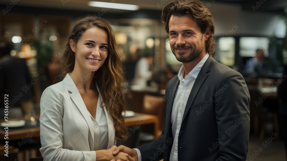 Portrait of smiling businesswoman and businessman shaking hands in coffee shop