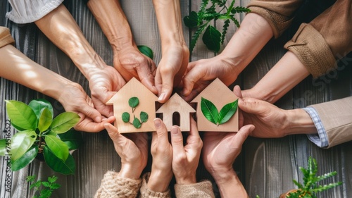 Hands holding wooden cutout houses with green leaves, symbolizing eco-friendly living and community. photo