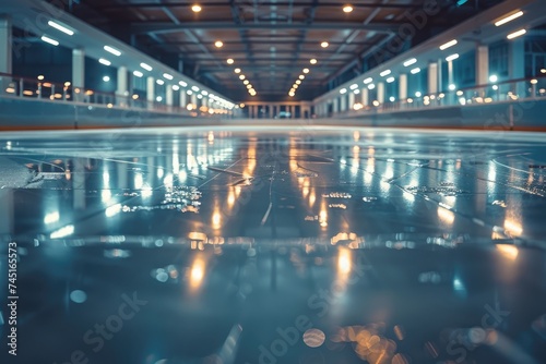 A brightly illuminated, empty ice skating rink displaying. Ai generative photo