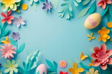 Hand crafted colourful paper flowers and easter eggs, creating border around a light blue background, middle area left blank for copy space or logo.