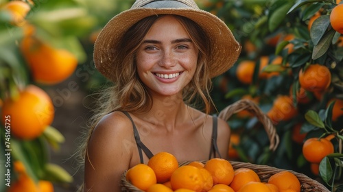 Captured in a portrait, a charming farmer woman exudes warmth and joy while holding a basket filled with ripe oranges.