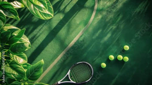 Tennis racket with balls on a green court, top view with shadows and foliage. © Mickey