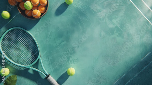 Tennis racket with balls and a bowl of oranges on a blue court, top view with copy space. photo