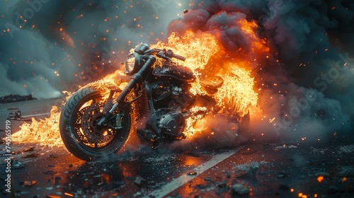 A city road transforms into a scene of havoc following a motorbike crash that ignites a fire on the street. The mangled vehicle and dark scene reveal the aftermath of the event.