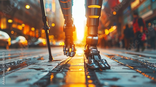 Robotic legs with a bionic mechanism walk along a city street. An unusual titanium shape with fingers and a powerful shin. Foreground