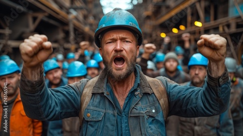 A labor strike at an industrial factory. People in hard hats express dissatisfaction, seeking better work conditions and higher salaries.