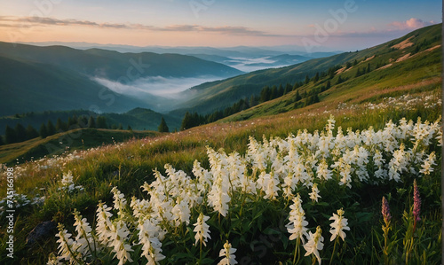 Blooming white flowers in Carpathians. Foggy summer scene of mountain valley. Colorful morning view of Borzhava ridge  Transcarpathians  Ukraine  Europe. Beauty of nature concept background