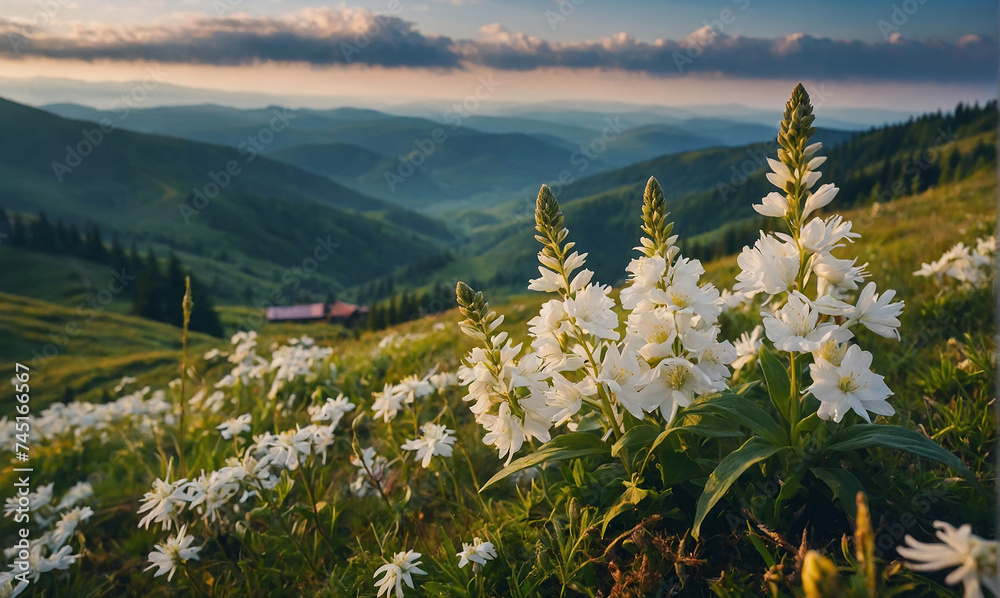 Blooming white flowers in Carpathians. Foggy summer scene of mountain valley. Colorful morning view of Borzhava ridge, Transcarpathians, Ukraine, Europe. Beauty of nature concept background - obrazy, fototapety, plakaty 