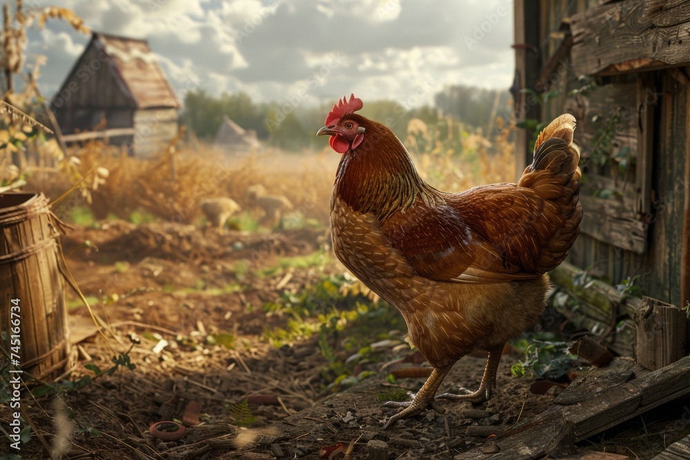 Fototapeta premium Free-Range Brown Chicken Enjoying the Countryside
