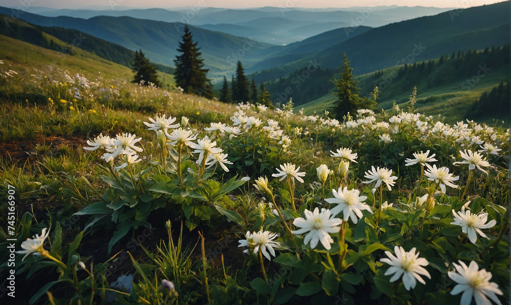 Blooming white flowers in Carpathians. Foggy summer scene of mountain valley. Colorful morning view of Borzhava ridge, Transcarpathians, Ukraine, Europe. Beauty of nature concept background - obrazy, fototapety, plakaty 