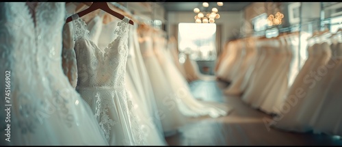 In-depth of ivory bridal gowns placing over a hanger at a bridal boutique goods space and space, Generative AI. photo