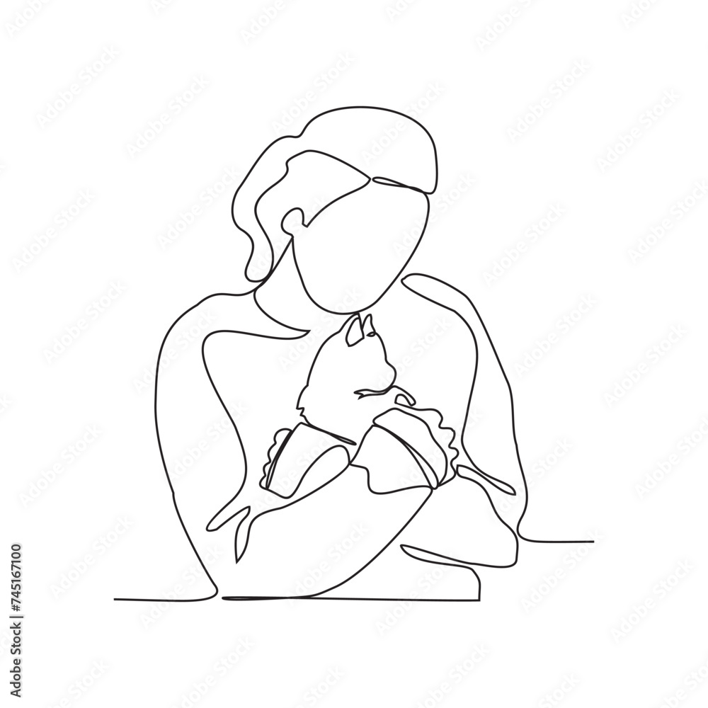 One continuous line drawing of someone is playing with their pet by hugging and carrying it as vector illustration. Playing with pets activity illustration in simple linear style vector concept.