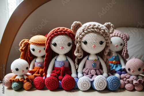 Amigurumi, small figures of people knitted from multi-colored threads. © Sahaidachnyi Roman