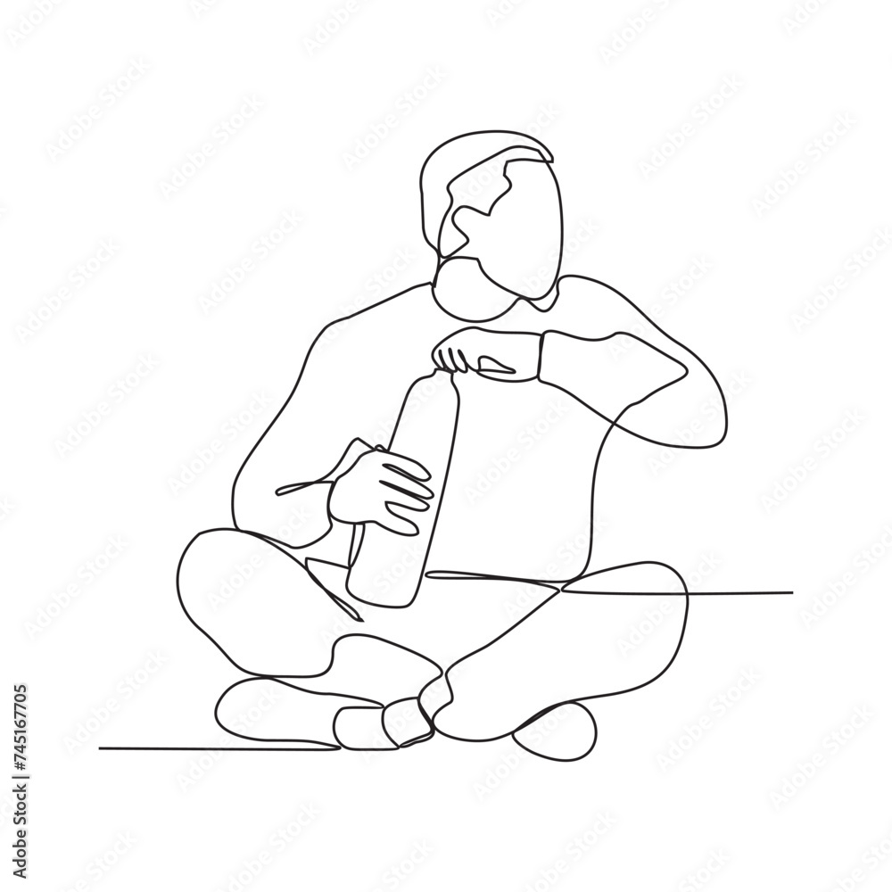 One continuous line drawing of the people are drinking after exercising in the morning vector illustration. Drinking after exercising activity illustration in simple linear style vector design concept