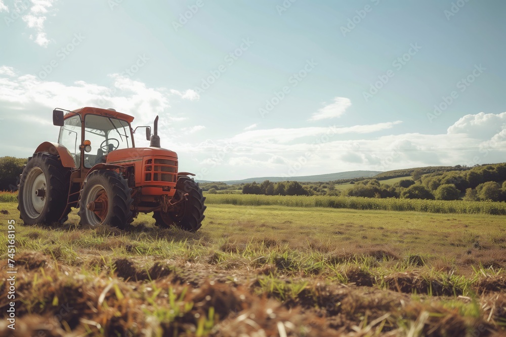 an agricultural farming vehicle tractor working on a field planting wheat and crops in spring an agricultural farming vehicle tractor working on a field planting wheat and crops in spring