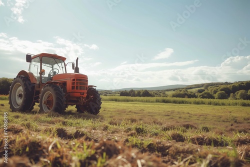 an agricultural farming vehicle tractor working on a field planting wheat and crops in spring