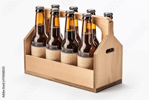 Beer in glass bottles in a wooden carrying case isolated on a white background. Mockup