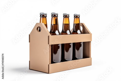 Beer in glass bottles in a wooden carrying case isolated on a white background. Mockup