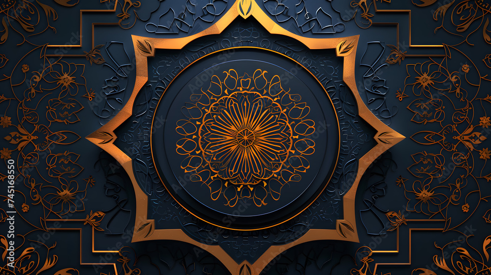 Naklejka premium Beautiful bright background on the theme of the Muslim, Arabic holiday of Ramadan with its attributes. AI Generated