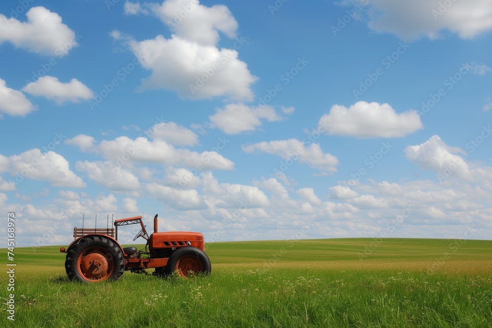 an agricultural farming vehicle tractor working harvesting on a field of green crops an agricultural farming vehicle tractor working harvesting on a field of green crops