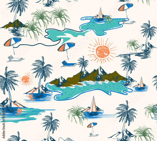 Hand drawn summer island palm tree ,ocean ,wave Ans boat , mountain, sun, seamless pattern, Retro look