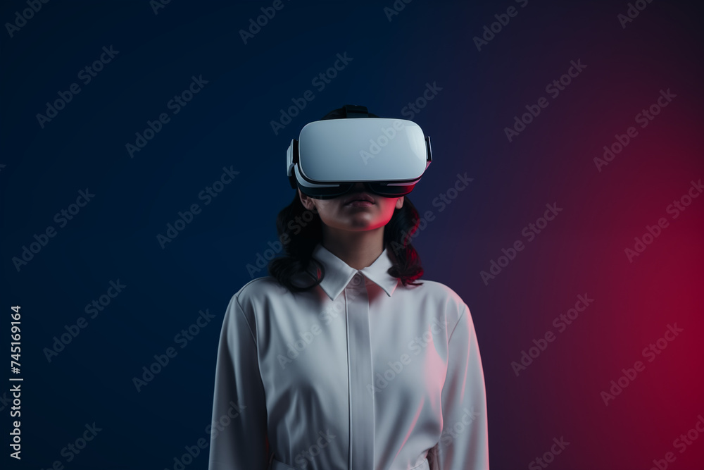Woman Wearing VR Glasses, exploring Virtual Reality and Metaverse Woman Wearing VR Glasses, exploring Virtual Reality and Metaverse