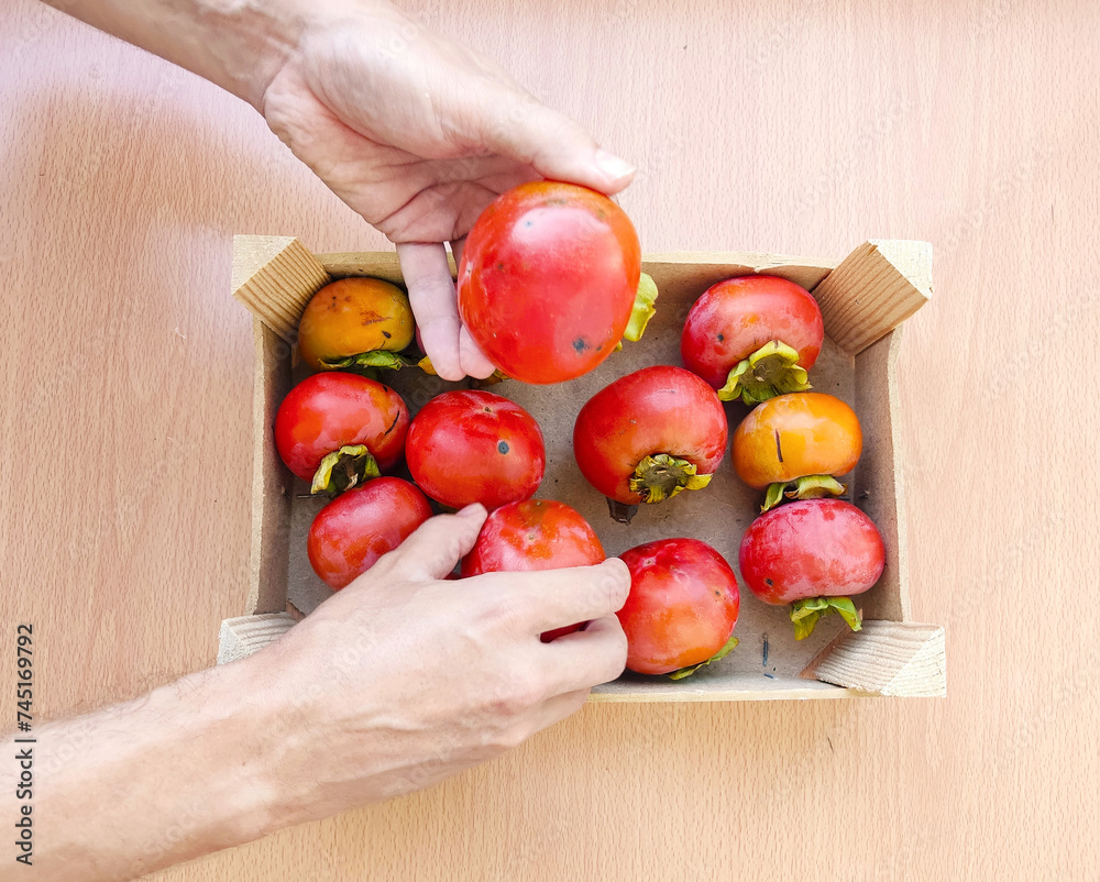 Close up man hands hold a wooden box with organic persimmons. Close up man hands hold a wooden box with organic persimmons.