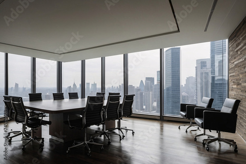 Interior of modern meeting room with panoramic windows. Nobody inside. Generative AI