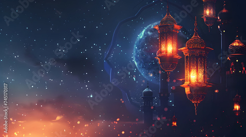 Beautiful bright background on the theme of the Muslim  Arabic holiday of Ramadan with its attributes. AI Generated