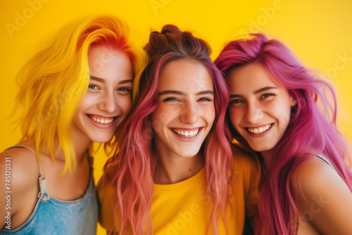  portrait of modern young girls friends on yellow plain background with colored hair smiling joyfully