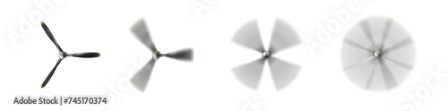 three bladed propeller with many speed versions. Pen tool cutout. Isolated transparent PNG. Fan propeller. Airplane propeller. Spinning propeller. photo