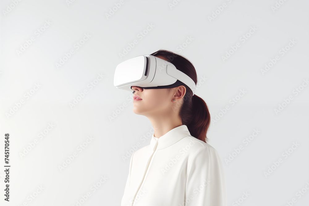 Woman Wearing VR Glasses, exploring Virtual Reality and Metaverse Woman Wearing VR Glasses, exploring Virtual Reality and Metaverse