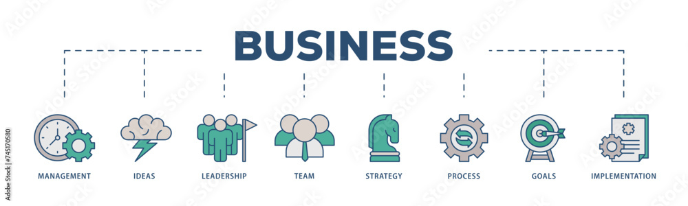 Business icons process structure web banner illustration of management, ideas, leadership, team, strategy, process, goals, and implementation icon live stroke and easy to edit Business icons process structure web banner illustration of management, ideas, leadership, team, strategy, process, goals, and implementation icon live stroke and easy to edit