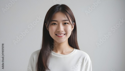 Portrait of a Cheerful Asian young woman, girl. close-up. smiling. plain background. Healthy skin