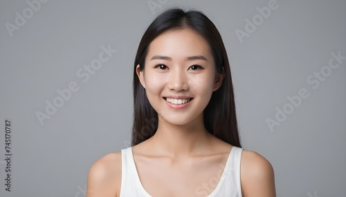 Portrait of a Cheerful Asian young woman, girl. close-up. smiling. plain background. Healthy skin © Gia