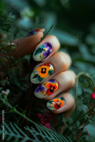 Manicure with floral design, drawing of "pansy" flowers. Vertical image © Evgeniya