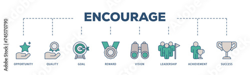 Encourage icons process structure web banner illustration of opportunity, quality, goal, reward, vision, leadership, achievement, success icon live stroke and easy to edit 