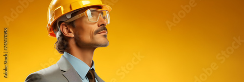 Man in a suit wearing a safety helmet and glasses. portrait with a yellow background. Professional safety and protection concept for design and print.