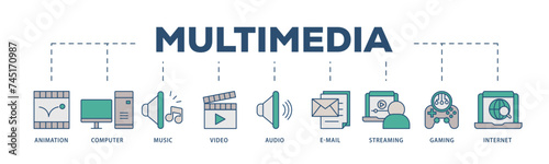 Multimedia icons process structure web banner illustration of e mail, video, audio, internet, streaming, gaming, music, computer, animation icon live stroke and easy to edit 