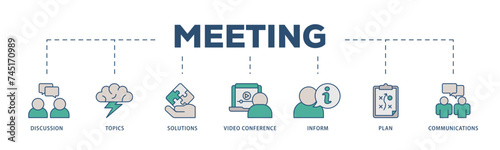 Meeting icons process structure web banner illustration of communications, topics, solutions, plan, inform and video conference  icon live stroke and easy to edit 